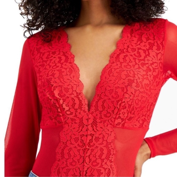 NWT INC International Concepts Long-Sleeve Lace Mesh Bodysuit Red - Picture 4 of 10